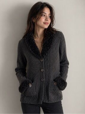 52 Weekends Charcoal Ribbed Shawl-Collar Cardigan with Fuzzy Trim